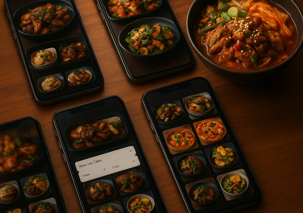 스마트폰 여러 대에 맛집 예약 앱 화면이 표시된 모습