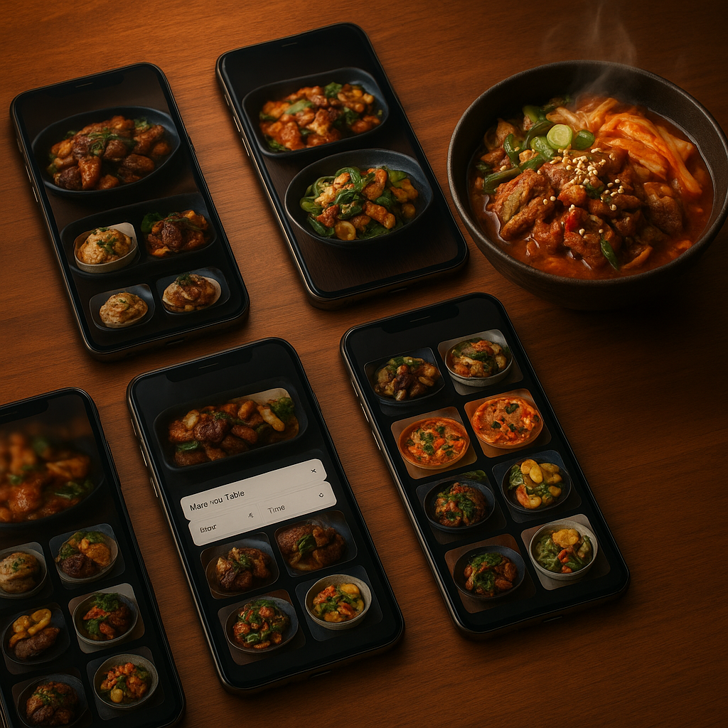 스마트폰 여러 대에 맛집 예약 앱 화면이 표시된 모습