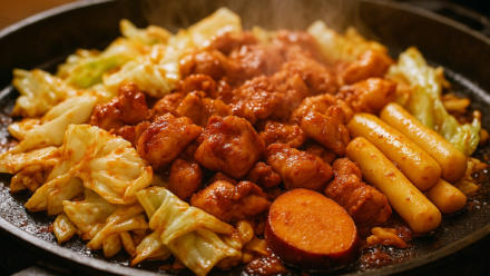 철판 위에서 지글지글 익어가는 춘천 닭갈비