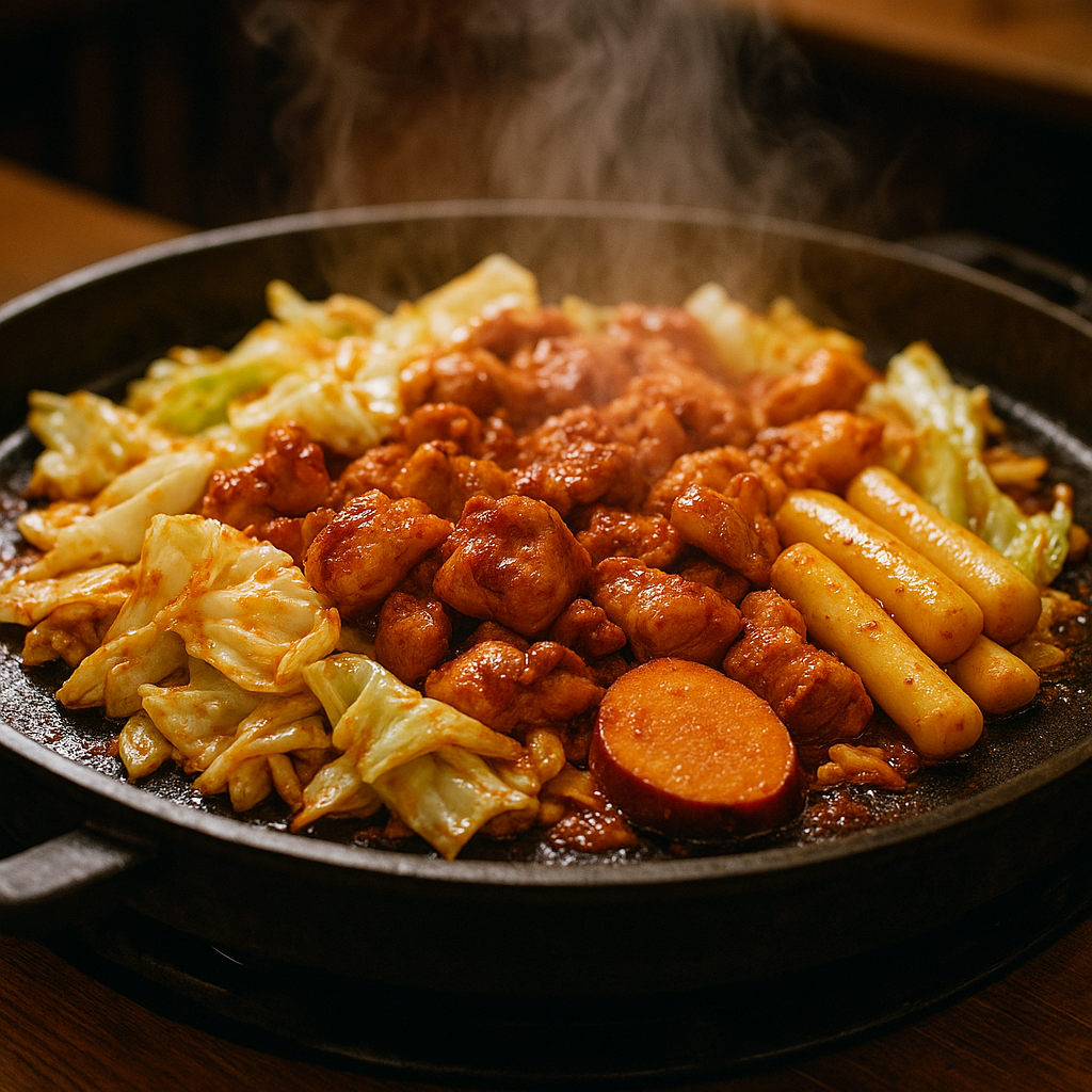 철판 위에서 지글지글 익어가는 춘천 닭갈비