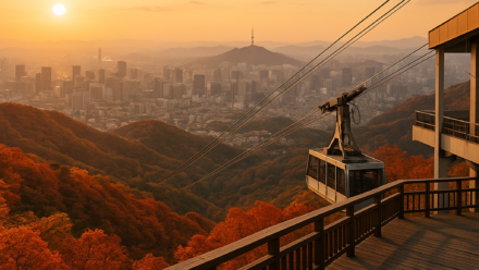 가을 단풍이 물든 산 정상에서 바라본 대구 시가지 전경