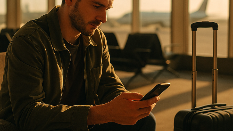 공항에서 여권과 스마트폰을 확인하는 여행자