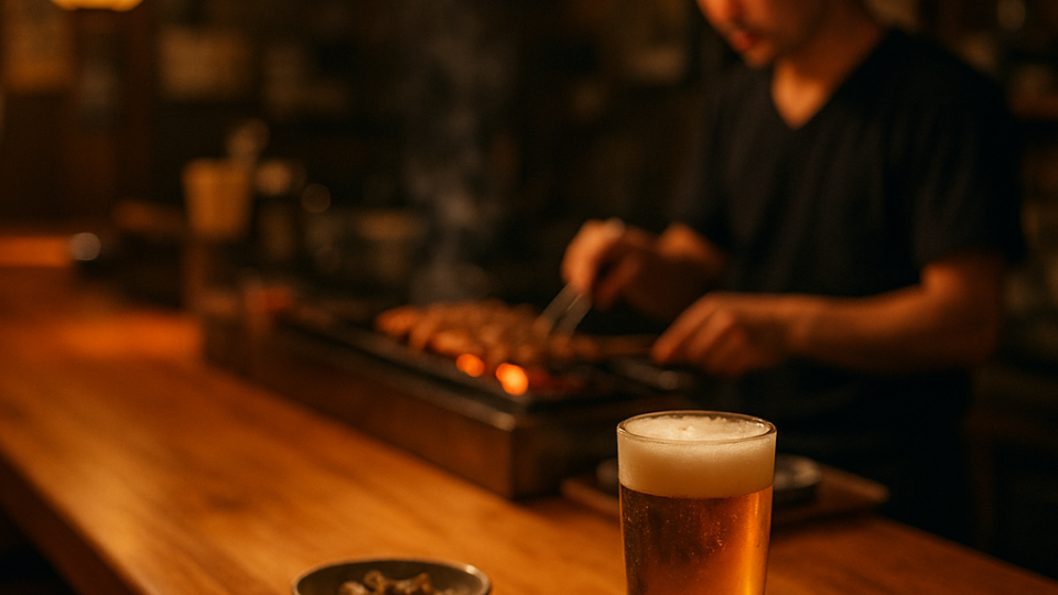 바 카운터 좌석이 있는 아늑한 이자카야 내부 풍경